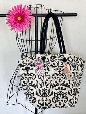 New Black Damask Print Jute Handbag Bag Purse w/ Crystal Bag Charm - 17” x 12.5”